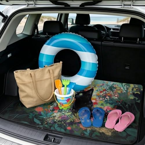 Black Cat Floral Car Trunk Mat Universal Fit 29"x39" - Image 2