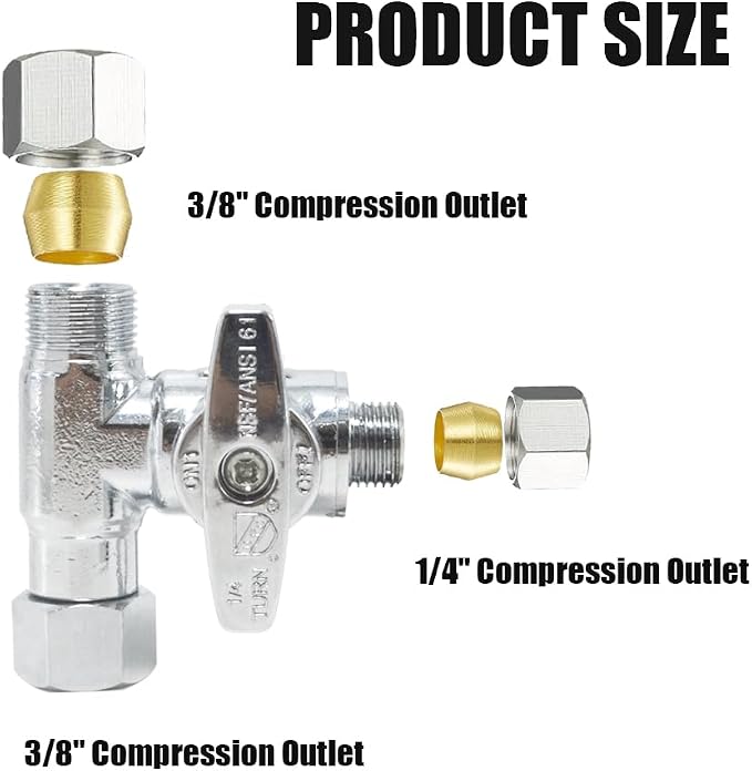 TTFLEX 3/8" x 3/8" x 1/4" Compression Tee Valve, Shut Off Valve, 1/4 Turn | T - Image 2