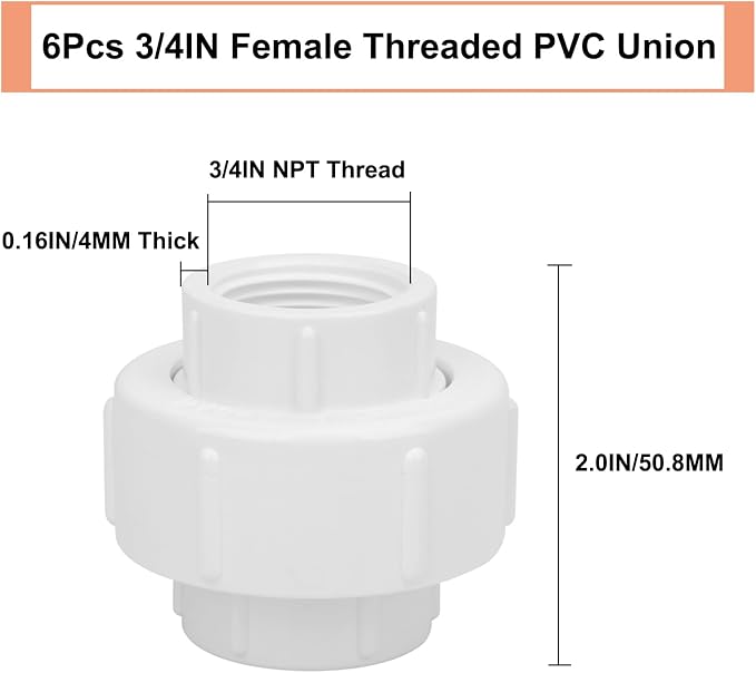 6Pcs 3/4Inch Female Threaded PVC Union Coupling Pipe Fitting 3/4'' PVC FNPT - Image 2