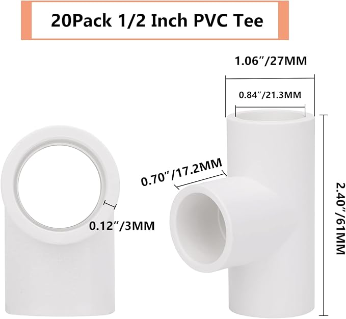 20 Pack 3 Way 1/2 Inch Tee PVC Fittings, 1/2inch SCH 40 PVC Pipe Fitting Adapter - Image 2