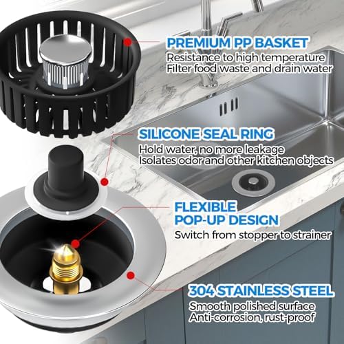 zaa 3 in 1 Kitchen Sink Drain Strainer Stopper Removable Basket Pop-Up - Image 5