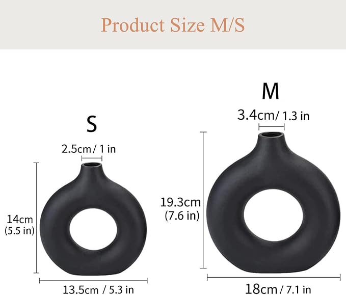 Black Ceramic Donut Vase Set of 2, Hollow Round Matte Pampas Flower Vases - Image 4