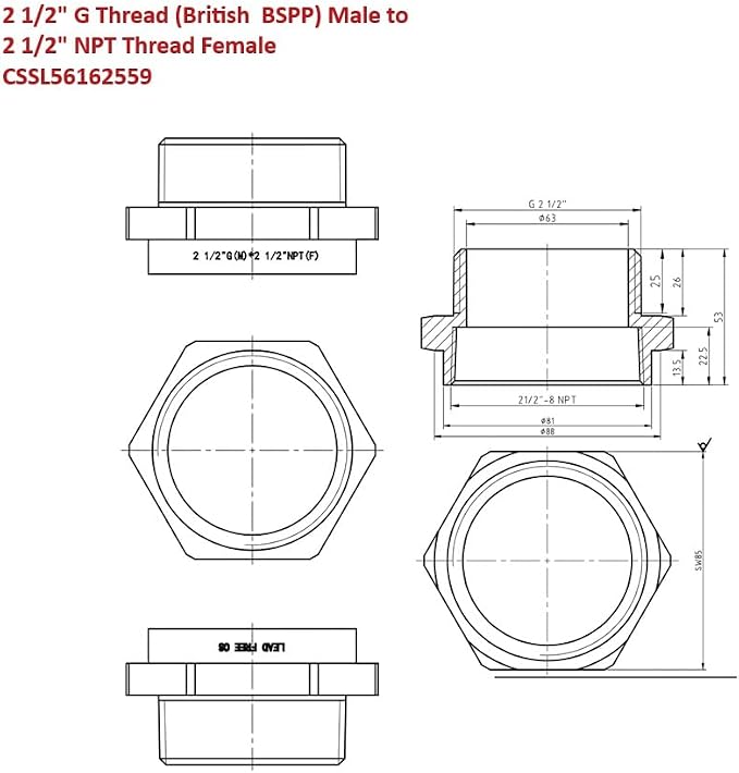 Cascada Lead-Free 2 1/2" G Thread Male to NPT Female Adapter | G Thread Male to - Image 2