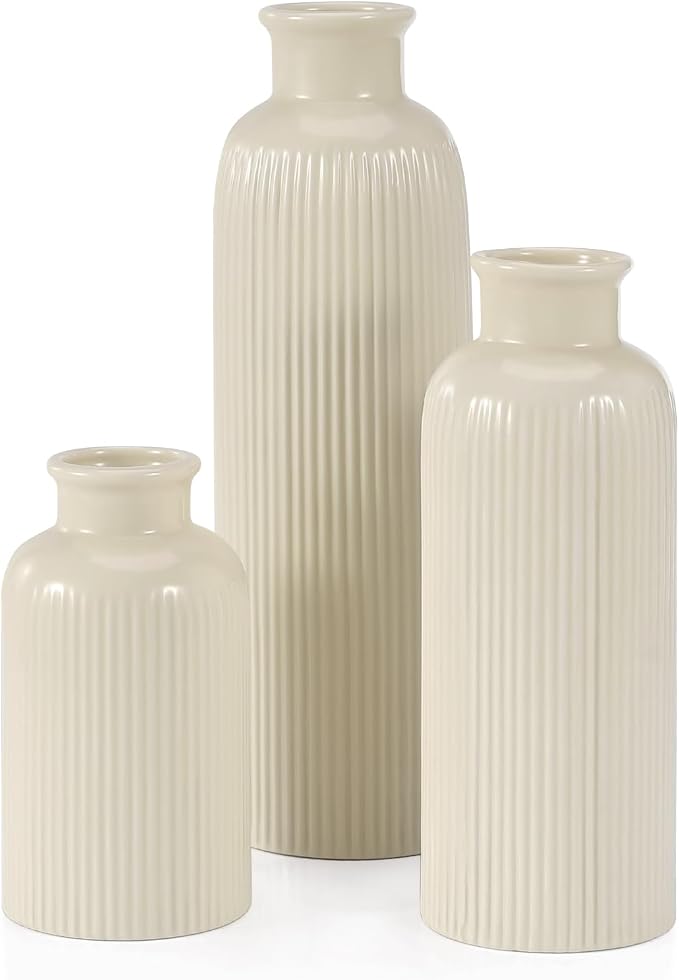 Small Beige Ceramic Vase Set of 3, Boho Modern Beige Flower Vase Room Decor by GUKJOB