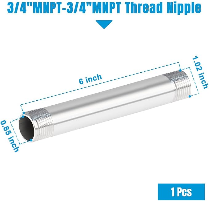 Quickun 304 Stainless Steel Nipple Pipe Fitting, 3/4" NPT x 3/4" NPT Male - Image 2