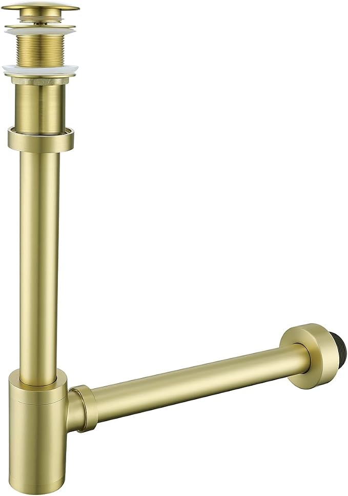Brass Round Bottle P-Trap with Pop Up Drain Stopper, 1 1/4 Adjustable Basin by SEABEFORE