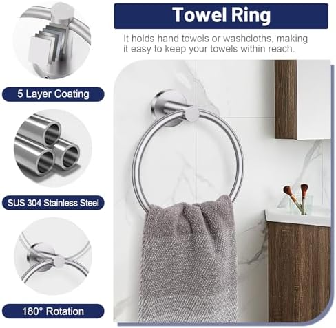 Brushed Nickel Bathroom Hardware Set, Toilet Paper Holder, Towel Ring Hooks - Image 5