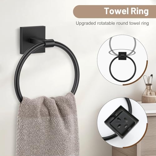 Matte Black Bathroom Accessories, Toilet Paper Holder, Towel Ring & Hooks - Image 3
