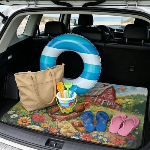 Red Barn Rooster Heavy Duty Cargo Mat Racing Trunk Mat Universal Waterproof - Image 2