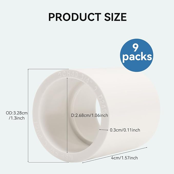 9 Pack 3/4 Inch White PVC Pipe Coupling, Socket x Socket, Schedule 40 Heavy - Image 2