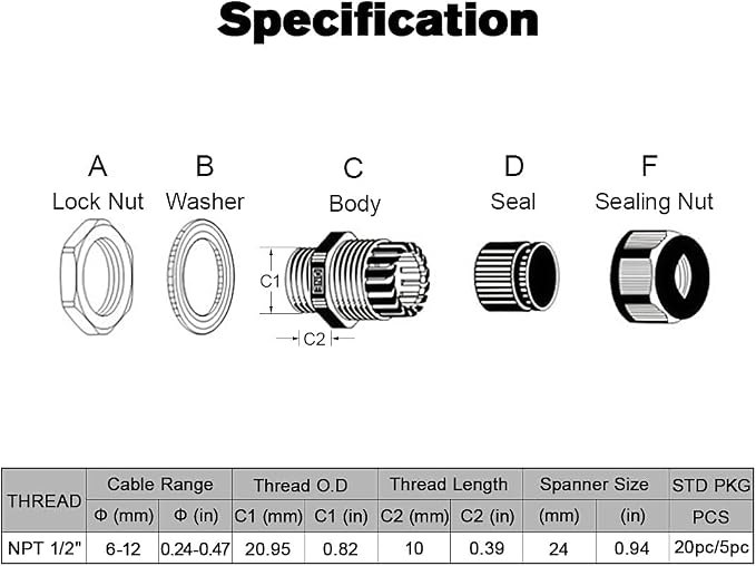 5 Pack NPT 1/2" Cable Glands Waterproof Adjustable 6-12mm Cable Connectors - Image 2