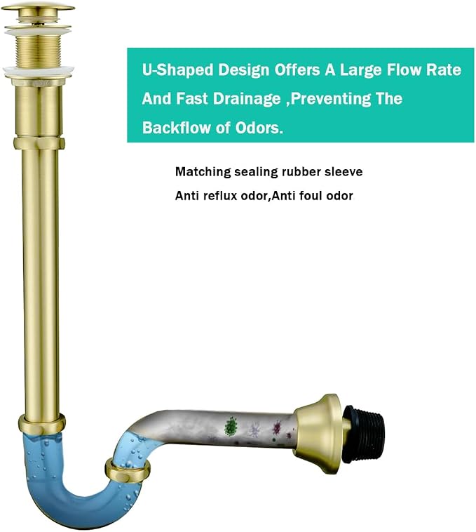 Brass P Trap with Pop Up Drain Stopper, U-Shape 1 1/4 Slip Joint Extension Tub - Image 8
