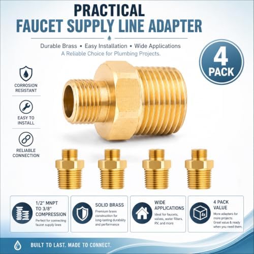 4 Pack 1/2" MNPT to 3/8" Compression Brass Faucet Adapter - Image 7