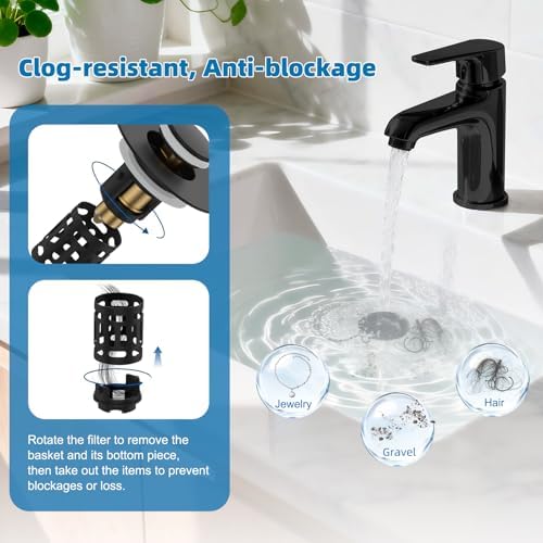 Hibbent Universal Bathroom Sink Drain Strainer, 3 in 1 Pop Up Stopper - Image 2