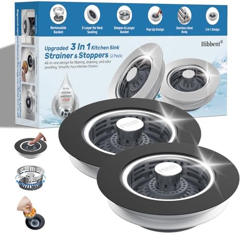 Hibbent 3 in 1 Kitchen Sink Drain Strainer, Stainless Steel Pop Up Stopper by Hibbent