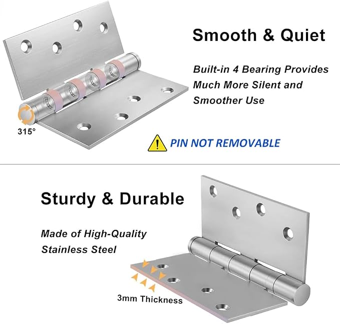VOLUKA 6 Pack Stainless Steel 4'' Door Hinges - Image 2