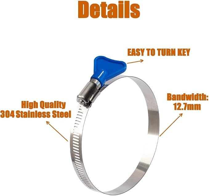 ISPINNER 2pcs 8 Inch Key-Type 304 Stainless Steel Worm Gear Hose Clamps - Image 3