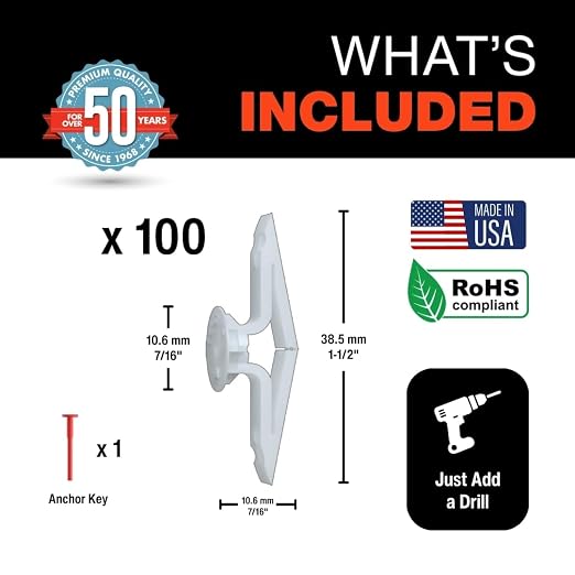 TOGGLER Toggle TA Hollow Door Anchors, 100 Pack, Screws not Included | - Image 2