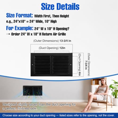 12x6 Black Steel Return Air Grille, Fits 12"W x 6"H Duct Opening - Image 2