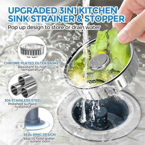 zaa 3 in 1 Kitchen Sink Drain Strainer Stopper Removable Basket Pop-Up - Image 2