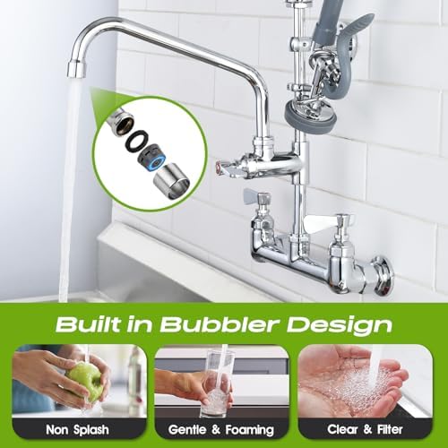Commercial Sink Faucet with Sprayer 8 Inch Center Wall Mount Kitchen Sink - Image 4