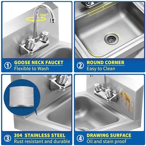 BIEAMA NSF 17" x 15" Commercial Hand Sink, 304 Stainless Steel Wall Mount - Image 3