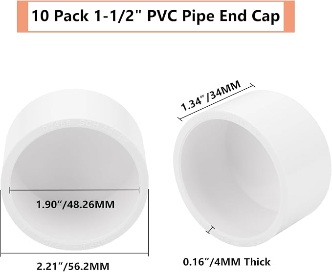10 Pack 1-1/2" PVC Pipe End Cap Fitting, Schedule 40 Furniture Grade PVC Pipe - Image 3