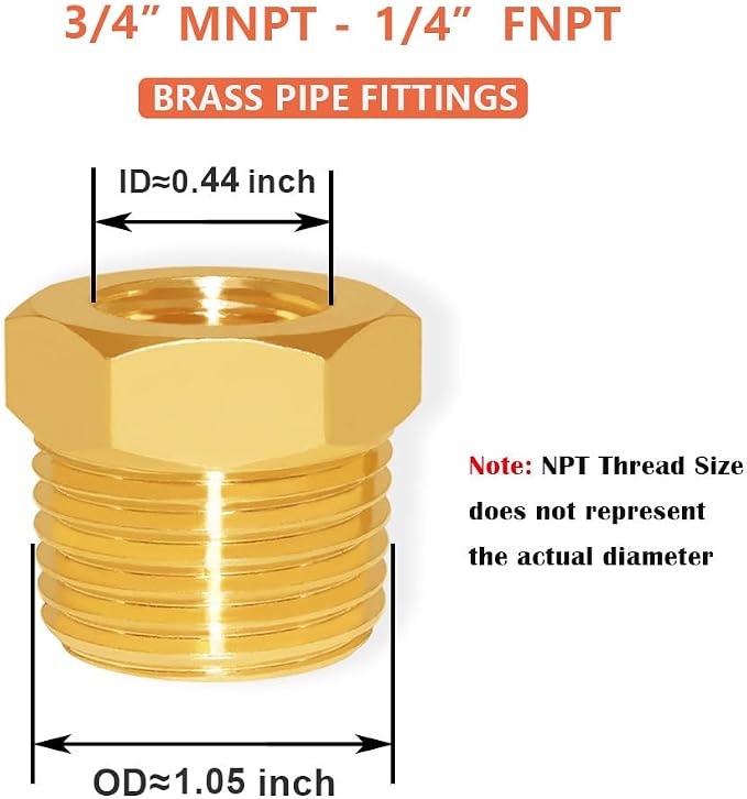 Hooshing 2PCS Brass Reducer Hex Bushing 3/4" NPT Male x 1/4" NPT Female | Heavy - Image 2
