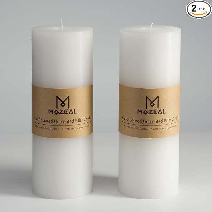 MOZEAL 3" x 8" Hand-Poured Unscented Large Candle, Smokeless Rustic Pillar by MOZEAL