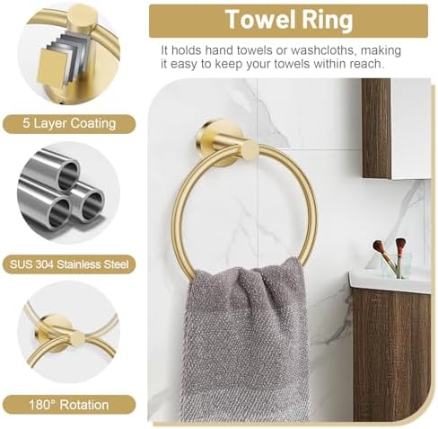 Brushed Gold Bathroom Hardware Set, Toilet Paper Holder, Towel Ring & Hooks - Image 5