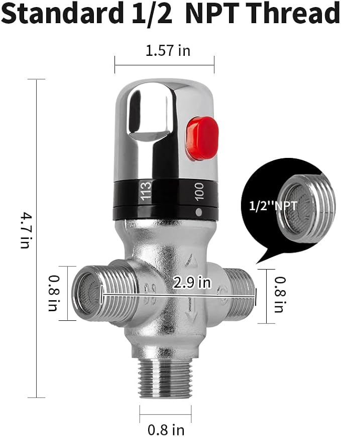 Thermostatic Mixing Valve with 1/2" NPT Thread, Chrome Plated Brass Temperature - Image 2