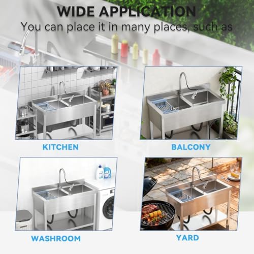46.9Inch Stainless Steel Utility Sink 2-Compartment Commercial Sink - Image 6
