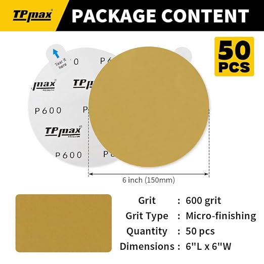 6-Inch 600-Grit Gold PSA Sanding Discs, 50 Pack – Pro-Grade Self-Adhesive - Image 2