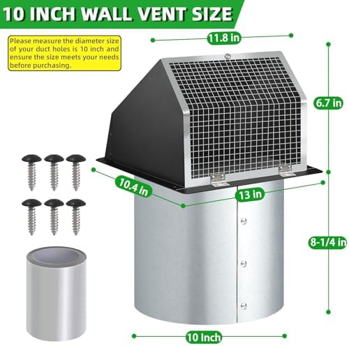 10 Inch Hooded Wall Vent with Screen and Damper, Outdoor Wall Exhaust Vent - Image 2