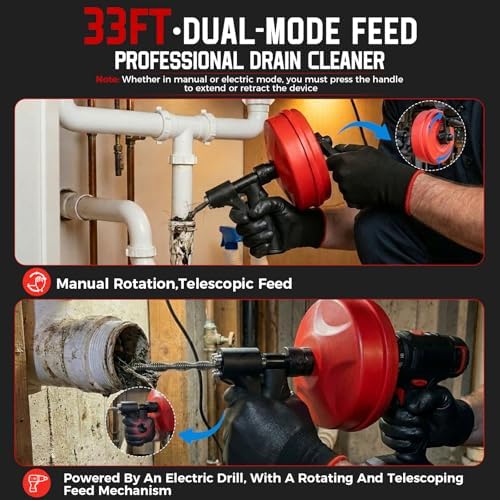 KELIN 6 in 1 Drain Auger Kit, Dual-Mode 33FT Plumbing Snake - Image 3