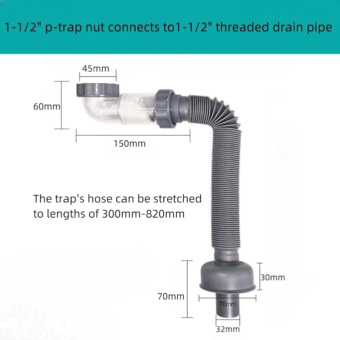 Bathtub Shower Drain Pipe, Low Profile 1 1/2 P Trap, Flexible Tub Drain - Image 2