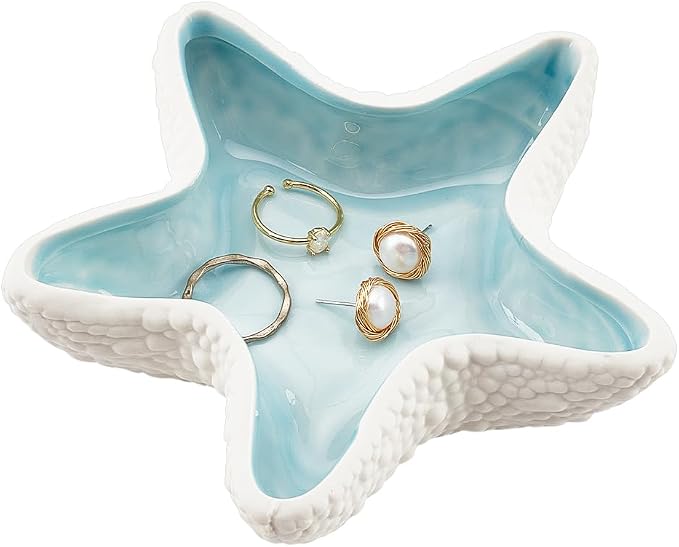 NBEADS Starfish Shape Ceramic Jewelry Tray, Aqua Shell Trinket Dish Ceramic by NBEADS