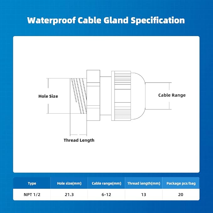Cable Gland 20 Pack 1/2" NPT Waterproof Adjustable Connector Strain Relief Cord - Image 4