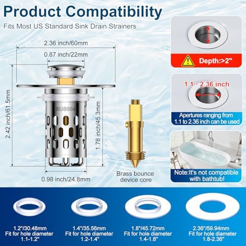 Bathroom Sink Drain Strainer, All Metal Pop-Up Sink Stopper - Image 2