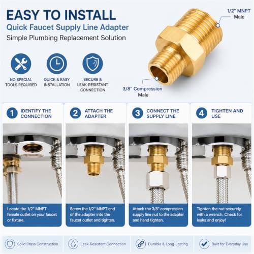 2 Pack 1/2" MNPT to 3/8" Compression Brass Faucet Adapter - Image 7