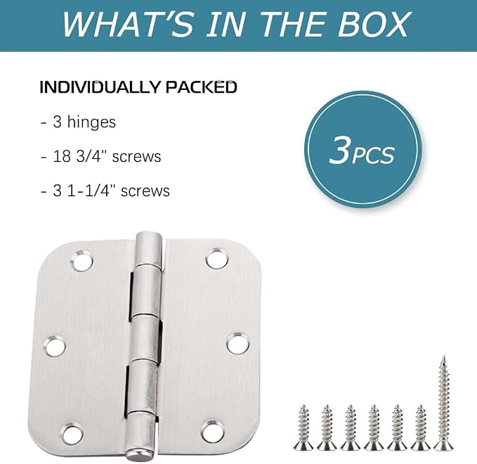 18 Pack Satin Nickel Door Hinges 3.5 inch Brushed Nickel Hinges Rounded 5/8" - Image 6