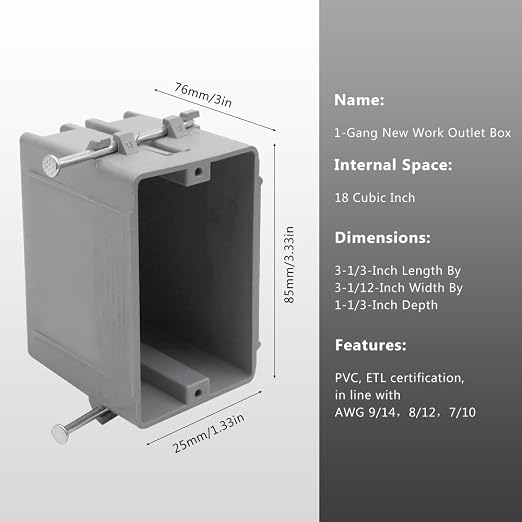 1-Gang PVC New Work Outlet Box, 18 Cubic Inch Switch Box | Gray New Work - Image 4
