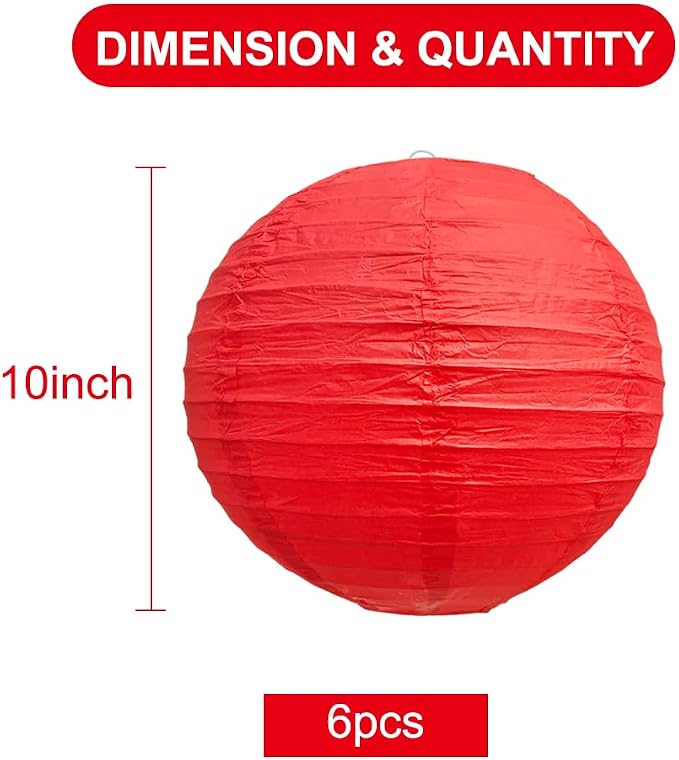 BEISHIDA 10 Inch Red Paper Lanterns 6 Packs Hanging Round Chinese Lantern | - Image 2