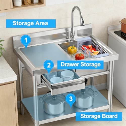 Stainless Steel Utility Sink Freestanding Single Bowl Laundry Sink - Image 5