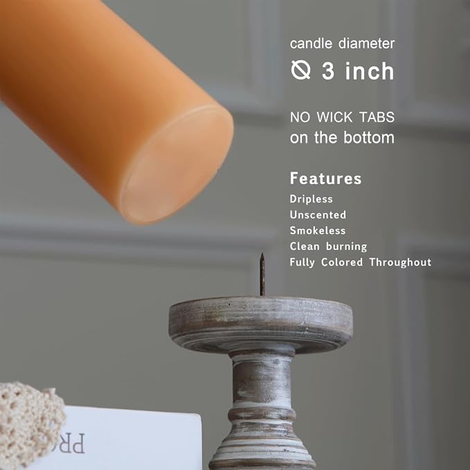 MOZEAL 3" x 8" Hand-Poured Unscented Large Candle, Smokeless Rustic Pillar - Image 3