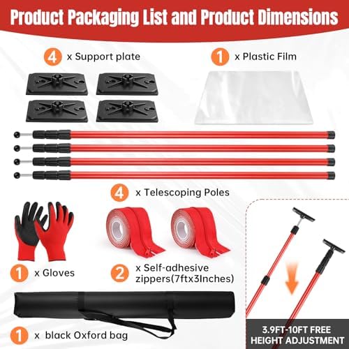 10FT Dust Barrier Poles Kit, 4 Pack Spring Retractable Zip Poles, - Image 7