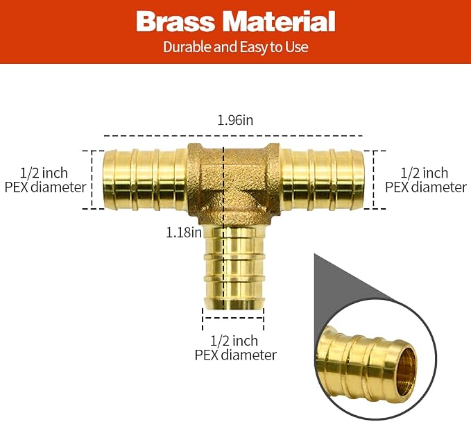 25 Pack 1/2" PEX Fittings, PEX Tee Fittings, Brass PEX Fittings | - Image 3