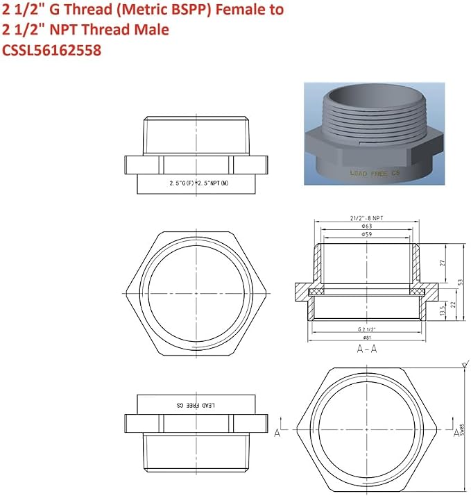 Cascada G Thread to NPT Thread Pipe Fitting Adapter - Image 2