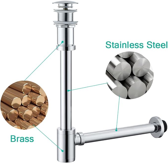 Brass Round Bottle P-Trap with Pop Up Drain Stopper, 1 1/4 Adjustable Basin - Image 9