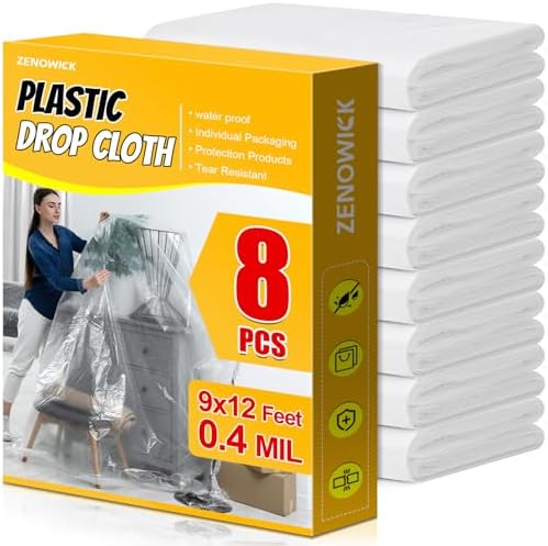 ZENOWICK 8 Pack Plastic Drop Cloth, 9x12 Ft Plastic Sheeting by Zenowick